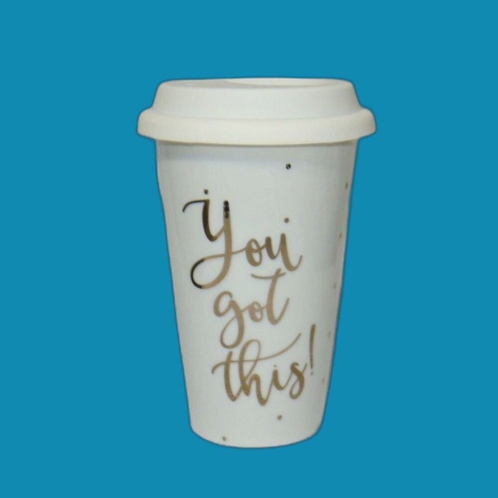 Mudpie You Got This Gold Polka Dot White Tumbler Ceramic Travel Mug 12oz Mud Pie